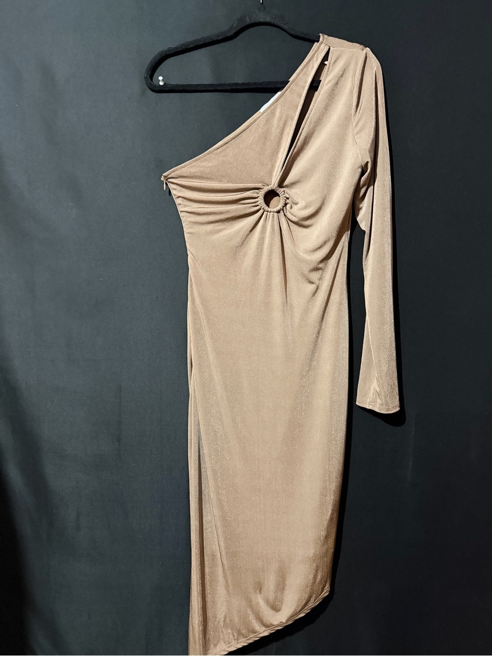 MARBLE One-Shoulder Ring-Accent Dress in Champagne